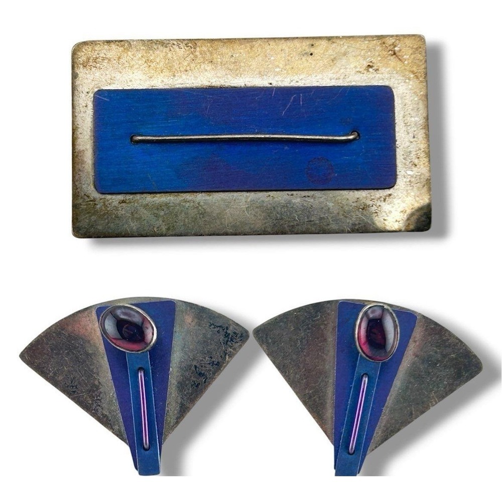 Artisan sterling brooch fan earrings red stone studio art geometric
